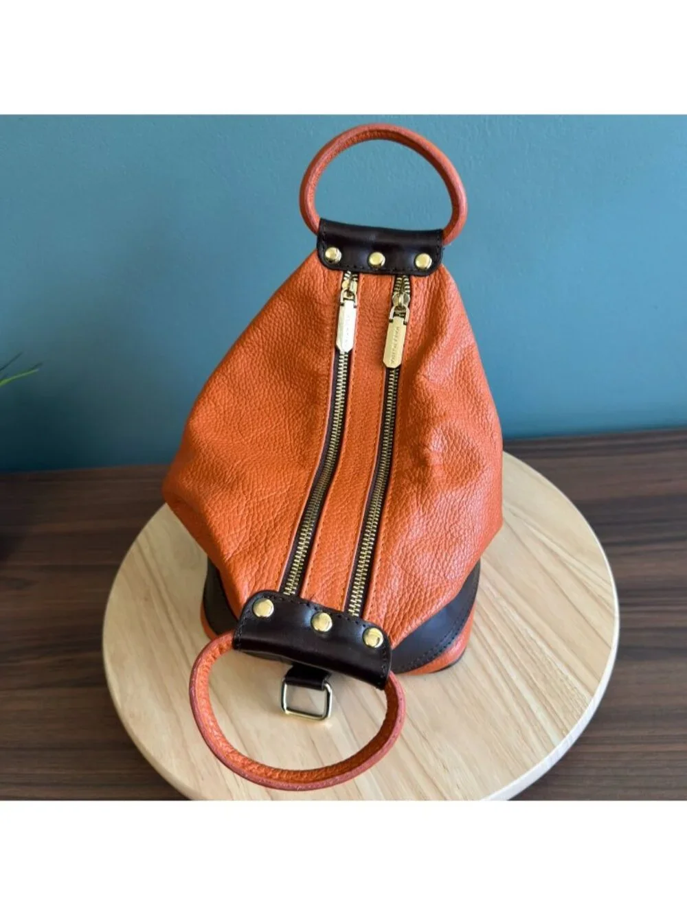 Valentina Italian Leather Shoulder Backpack Pebbled Orange Brown Many Pockets